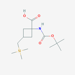 molecular formula C14H27NO4Si B2481890 1-[(2-Methylpropan-2-yl)oxycarbonylamino]-3-(trimethylsilylmethyl)cyclobutane-1-carboxylic acid CAS No. 2567495-85-4