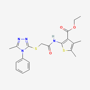 molecular formula C20H22N4O3S2 B2481905 Ethyl 4,5-dimethyl-2-[[2-[(5-methyl-4-phenyl-1,2,4-triazol-3-yl)sulfanyl]acetyl]amino]thiophene-3-carboxylate CAS No. 1016885-03-2