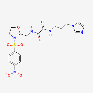 molecular formula C18H22N6O7S B2481921 N1-(3-(1H-imidazol-1-yl)propyl)-N2-((3-((4-nitrophenyl)sulfonyl)oxazolidin-2-yl)methyl)oxalamide CAS No. 868982-12-1