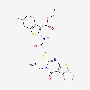 molecular formula C26H29N3O4S3 B2481986 乙酸2-(2-((3-烯丙基-4-氧代-4,5,6,7-四氢-3H-环戊[4,5]噻吩-2-基)硫基)乙酰氨基)-6-甲基-4,5,6,7-四氢苯并[b]噻吩-3-羧酸乙酯 CAS No. 618393-38-7