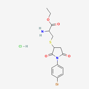 molecular formula C15H18BrClN2O4S B2482003 2-アミノ-3-[[1-(4-ブロモフェニル)-2,5-ジオキソテトラヒドロ-1H-ピロール-3-イル]スルファニル]プロパン酸エチル塩酸塩 CAS No. 1029989-63-6