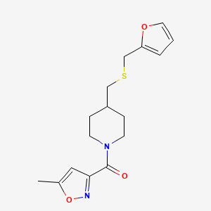 molecular formula C16H20N2O3S B2482086 (4-(((フラン-2-イルメチル)チオ)メチル)ピペリジン-1-イル)(5-メチルイソキサゾール-3-イル)メタノン CAS No. 1396757-90-6