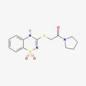 molecular formula C13H15N3O3S2 B2482106 3-[(2-oxo-2-pyrrolidin-1-ylethyl)thio]-4H-1,2,4-benzothiadiazine 1,1-dioxide CAS No. 896686-67-2
