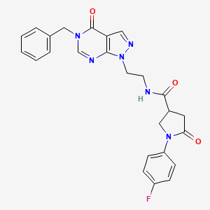 molecular formula C25H23FN6O3 B2482124 N-(2-(5-benzyl-4-oxo-4,5-dihydro-1H-pyrazolo[3,4-d]pyrimidin-1-yl)ethyl)-1-(4-fluorophenyl)-5-oxopyrrolidine-3-carboxamide CAS No. 922027-41-6