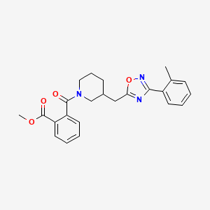 molecular formula C24H25N3O4 B2482147 Methyl 2-(3-((3-(o-tolyl)-1,2,4-oxadiazol-5-yl)methyl)piperidine-1-carbonyl)benzoate CAS No. 1706318-06-0
