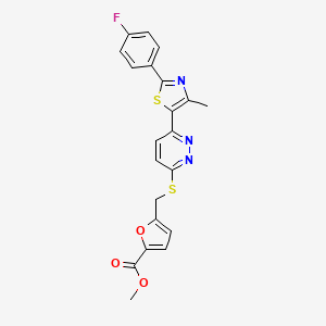 molecular formula C21H16FN3O3S2 B2482239 Methyl 5-(((6-(2-(4-fluorophenyl)-4-methylthiazol-5-yl)pyridazin-3-yl)thio)methyl)furan-2-carboxylate CAS No. 921058-81-3