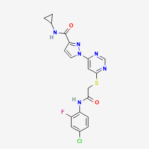 molecular formula C19H16ClFN6O2S B2482249 1-(6-((2-((4-chloro-2-fluorophenyl)amino)-2-oxoethyl)thio)pyrimidin-4-yl)-N-cyclopropyl-1H-pyrazole-3-carboxamide CAS No. 1251677-34-5