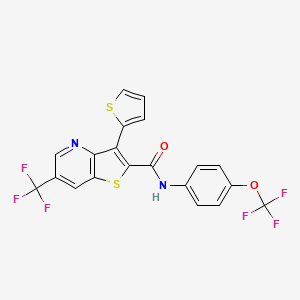 molecular formula C20H10F6N2O2S2 B2482251 3-(2-thienyl)-N-[4-(trifluoromethoxy)phenyl]-6-(trifluoromethyl)thieno[3,2-b]pyridine-2-carboxamide CAS No. 477845-16-2