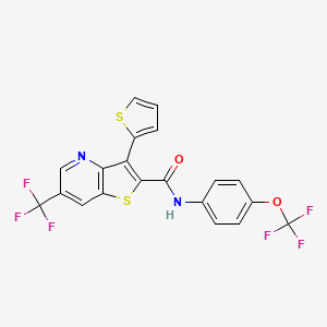 molecular formula C20H10F6N2O2S2 B2482251 3-(2-噻吩基)-N-[4-(三氟甲氧基)苯基]-6-(三氟甲基)噻吩并[3,2-b]吡啶-2-甲酰胺 CAS No. 477845-16-2