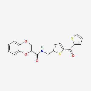 molecular formula C19H15NO4S2 B2482257 N-((5-(thiophene-2-carbonyl)thiophen-2-yl)methyl)-2,3-dihydrobenzo[b][1,4]dioxine-2-carboxamide CAS No. 1421526-09-1