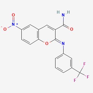 molecular formula C17H10F3N3O4 B2482299 (2Z)-6-nitro-2-{[3-(trifluoromethyl)phenyl]imino}-2H-chromene-3-carboxamide CAS No. 328268-81-1