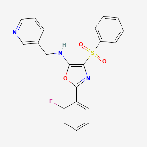 molecular formula C21H16FN3O3S B2482380 4-(benzenesulfonyl)-2-(2-fluorophenyl)-N-(pyridin-3-ylmethyl)-1,3-oxazol-5-amine CAS No. 823829-81-8