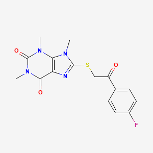 molecular formula C16H15FN4O3S B2482382 8-[2-(4-Fluorophenyl)-2-oxoethyl]sulfanyl-1,3,9-trimethylpurine-2,6-dione CAS No. 886904-61-6