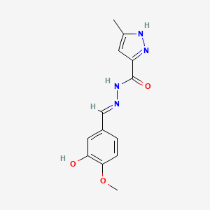 molecular formula C13H14N4O3 B2482402 (E)-N'-(3-hydroxy-4-methoxybenzylidene)-3-methyl-1H-pyrazole-5-carbohydrazide CAS No. 1284268-48-9