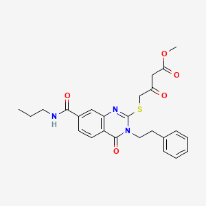 molecular formula C25H27N3O5S B2482404 甲酸3-氧代-4-((4-氧代-3-苯乙基-7-(丙基氨甲酰)-3,4-二氢喹唑啉-2-基)硫基)丁酸酯 CAS No. 946368-94-1