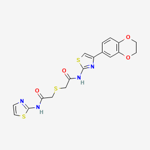 molecular formula C18H16N4O4S3 B2482410 N-(4-(2,3-dihydrobenzo[b][1,4]dioxin-6-yl)thiazol-2-yl)-2-((2-oxo-2-(thiazol-2-ylamino)ethyl)thio)acetamide CAS No. 681224-38-4