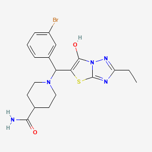 molecular formula C19H22BrN5O2S B2482421 1-((3-溴苯基)(2-乙基-6-羟基噻唑并[3,2-b][1,2,4]三唑-5-基)甲基)哌啶-4-甲酰胺 CAS No. 898345-38-5