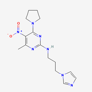 molecular formula C15H21N7O2 B2482465 N-(3-(1H-咪唑-1-基)丙基)-4-甲基-5-硝基-6-(吡咯烷-1-基)嘧啶-2-胺 CAS No. 1251706-28-1