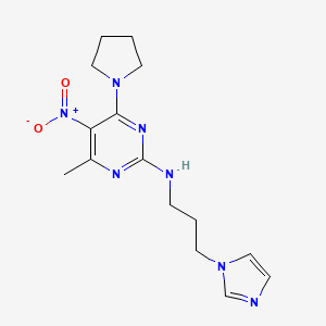 molecular formula C15H21N7O2 B2482465 N-[3-(1H-Imidazol-1-yl)propyl]-4-methyl-5-nitro-6-(pyrrolidin-1-yl)pyrimidin-2-amin CAS No. 1251706-28-1