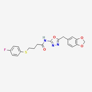 molecular formula C20H18FN3O4S B2482473 N-(5-(benzo[d][1,3]dioxol-5-ylmethyl)-1,3,4-oxadiazol-2-yl)-4-((4-fluorophenyl)thio)butanamide CAS No. 922123-51-1