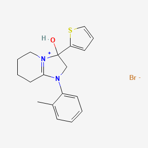 molecular formula C18H21BrN2OS B2482495 3-Hydroxy-3-(thiophen-2-yl)-1-(o-tolyl)-2,3,5,6,7,8-hexahydroimidazo[1,2-a]pyridin-1-ium bromide CAS No. 1036725-07-1