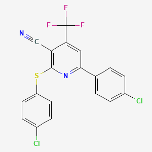 molecular formula C19H9Cl2F3N2S B2482520 6-(4-氯苯基)-2-[(4-氯苯基)硫代]-4-(三氟甲基)烟酸腈 CAS No. 338749-80-7