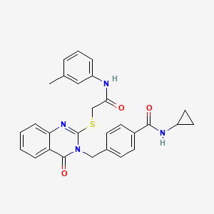 molecular formula C28H26N4O3S B2482647 N-cyclopropyl-4-((4-oxo-2-((2-oxo-2-(m-tolylamino)ethyl)thio)quinazolin-3(4H)-yl)methyl)benzamide CAS No. 941877-43-6