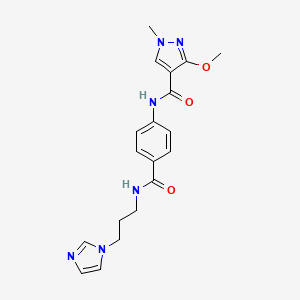 molecular formula C19H22N6O3 B2482680 N-(4-((3-(1H-imidazol-1-yl)propyl)carbamoyl)phenyl)-3-methoxy-1-methyl-1H-pyrazole-4-carboxamide CAS No. 1206986-32-4