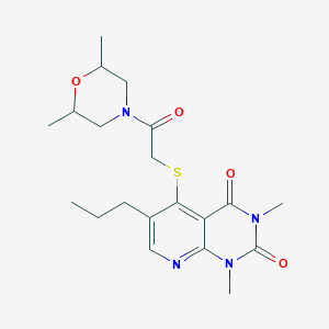 molecular formula C20H28N4O4S B2482686 5-((2-(2,6-dimethylmorpholino)-2-oxoethyl)thio)-1,3-dimethyl-6-propylpyrido[2,3-d]pyrimidine-2,4(1H,3H)-dione CAS No. 899748-11-9