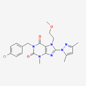 molecular formula C21H23ClN6O3 B2482702 1-(4-chlorobenzyl)-8-(3,5-dimethyl-1H-pyrazol-1-yl)-7-(2-methoxyethyl)-3-methyl-1H-purine-2,6(3H,7H)-dione CAS No. 1014032-24-6