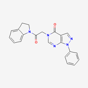 molecular formula C21H17N5O2 B2482705 5-(2-(indolin-1-yl)-2-oxoethyl)-1-phenyl-1H-pyrazolo[3,4-d]pyrimidin-4(5H)-one CAS No. 842970-91-6