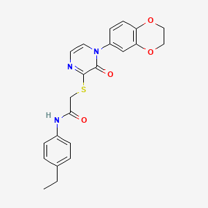 molecular formula C22H21N3O4S B2482736 2-((4-(2,3-dihydrobenzo[b][1,4]dioxin-6-yl)-3-oxo-3,4-dihydropyrazin-2-yl)thio)-N-(4-ethylphenyl)acetamide CAS No. 899943-72-7