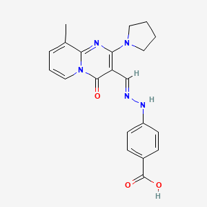 molecular formula C21H21N5O3 B2482742 (E)-4-(2-((9-methyl-4-oxo-2-(pyrrolidin-1-yl)-4H-pyrido[1,2-a]pyrimidin-3-yl)methylene)hydrazinyl)benzoic acid CAS No. 380352-82-9