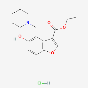 molecular formula C18H24ClNO4 B2482756 Ethyl 5-hydroxy-2-methyl-4-[(piperidin-1-yl)methyl]-1-benzofuran-3-carboxylate hydrochloride CAS No. 473568-01-3