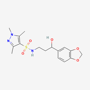 molecular formula C16H21N3O5S B2482776 N-(3-(benzo[d][1,3]dioxol-5-yl)-3-hydroxypropyl)-1,3,5-trimethyl-1H-pyrazole-4-sulfonamide CAS No. 1448044-08-3