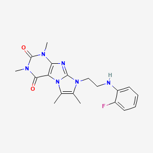molecular formula C19H21FN6O2 B2482788 8-(2-((2-fluorophenyl)amino)ethyl)-1,3,6,7-tetramethyl-1H-imidazo[2,1-f]purine-2,4(3H,8H)-dione CAS No. 923684-77-9