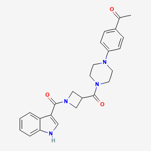 molecular formula C25H26N4O3 B2482842 1-(4-(4-(1-(1H-indole-3-carbonyl)azetidine-3-carbonyl)piperazin-1-yl)phenyl)ethanone CAS No. 1396875-20-9