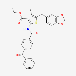 molecular formula C30H25NO6S B2482859 Ethyl 5-(benzo[d][1,3]dioxol-5-ylmethyl)-2-(4-benzoylbenzamido)-4-methylthiophene-3-carboxylate CAS No. 476365-62-5