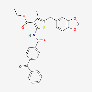 molecular formula C30H25NO6S B2482859 乙酸5-(苯并[d][1,3]二噁啉-5-基甲基)-2-(4-苯甲酰苯甲酰胺基)-4-甲基噻吩-3-羧酸乙酯 CAS No. 476365-62-5