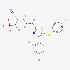 molecular formula C20H10Cl3F3N4OS2 B2482876 (2Z)-2-[(2-{5-[(4-chlorophenyl)sulfanyl]-4-(2,4-dichlorophenyl)-1,3-thiazol-2-yl}hydrazin-1-yl)methylidene]-4,4,4-trifluoro-3-oxobutanenitrile CAS No. 691879-59-1