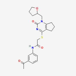 molecular formula C22H25N3O4S B2482885 N-(3-acetylphenyl)-2-((2-oxo-1-((tetrahydrofuran-2-yl)methyl)-2,5,6,7-tetrahydro-1H-cyclopenta[d]pyrimidin-4-yl)thio)acetamide CAS No. 899993-41-0