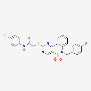 molecular formula C25H18ClFN4O3S2 B2482930 N-(4-chlorophenyl)-2-{[6-(4-fluorobenzyl)-5,5-dioxido-6H-pyrimido[5,4-c][2,1]benzothiazin-2-yl]thio}acetamide CAS No. 895097-82-2