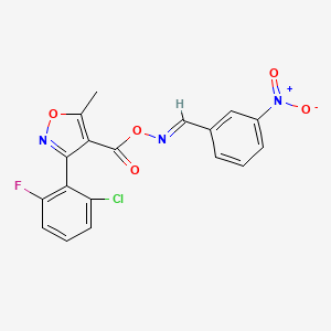 molecular formula C18H11ClFN3O5 B2482939 3-(2-氯-6-氟苯基)-5-甲基-4-[({[(E)-(3-硝基苯基)甲亚胺]氧基}羰基)异噁唑酮 CAS No. 303987-14-6