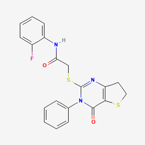 molecular formula C20H16FN3O2S2 B2482984 N-(2-fluorophenyl)-2-[(4-oxo-3-phenyl-6,7-dihydrothieno[3,2-d]pyrimidin-2-yl)sulfanyl]acetamide CAS No. 686770-30-9