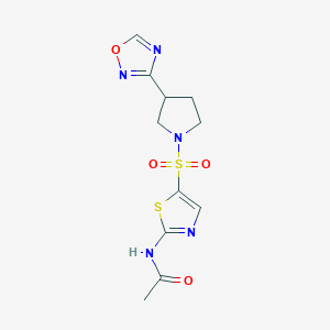 molecular formula C11H13N5O4S2 B2482990 N-(5-((3-(1,2,4-オキサジアゾール-3-イル)ピロリジン-1-イル)スルホニル)チアゾール-2-イル)アセトアミド CAS No. 2034277-82-0