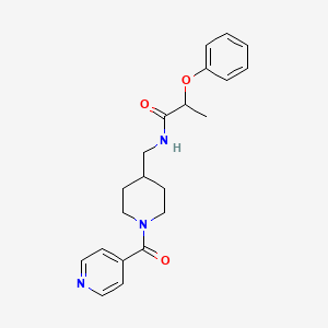 molecular formula C21H25N3O3 B2483077 N-((1-异烟酰基哌啶-4-基)甲基)-2-苯氧基丙酰胺 CAS No. 1396866-98-0