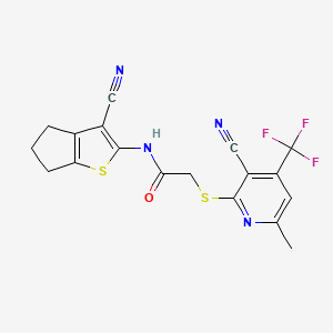 molecular formula C18H13F3N4OS2 B2483103 N-(3-cyano-5,6-dihydro-4H-cyclopenta[b]thiophen-2-yl)-2-{[3-cyano-6-methyl-4-(trifluoromethyl)-2-pyridinyl]sulfanyl}acetamide CAS No. 625369-63-3