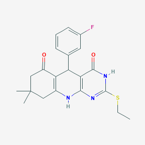molecular formula C21H22FN3O2S B2483106 2-(ethylthio)-5-(3-fluorophenyl)-8,8-dimethyl-7,8,9,10-tetrahydropyrimido[4,5-b]quinoline-4,6(3H,5H)-dione CAS No. 537044-30-7