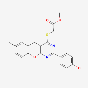 molecular formula C22H20N2O4S B2483124 methyl {[2-(4-methoxyphenyl)-7-methyl-5H-chromeno[2,3-d]pyrimidin-4-yl]thio}acetate CAS No. 866340-77-4