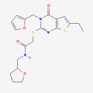2-[6-ethyl-3-(furan-2-ylmethyl)-4-oxothieno[2,3-d]pyrimidin-2-yl]sulfanyl-N-(oxolan-2-ylmethyl)acetamide